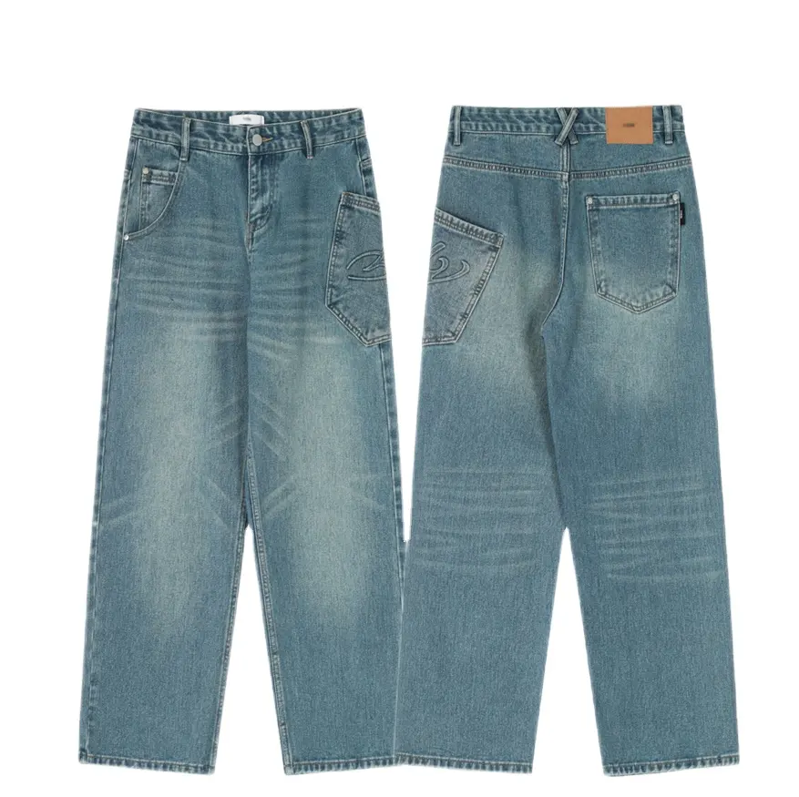Celana Jeans pria polos celana Jeans Denim biru longgar pas badan celana Jeans Baggy kaki lebar kualitas tinggi pertengahan pinggang