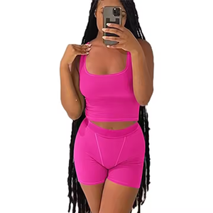 Rosa atmungsaktives Damen-Set Gerippte Tanktop-Shorts Zweiteiliges Lounge-Wear-Set Damen bekleidung Lounge wear Summer Ropa De Mujer - Product Image 2