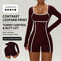 Combinaison de sport sans couture pour femme, motif léopard, manches longues, effet push-up, respirante et à séchage rapide, pour la gym, le yoga et l'entraînement