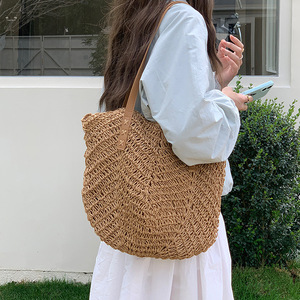 Handmade Woven Straw Tote Bag Coffee Beige Large Capacity Shoulder Bag For Beach Vacation Everyday Use Summer 2025 - Product Image 1