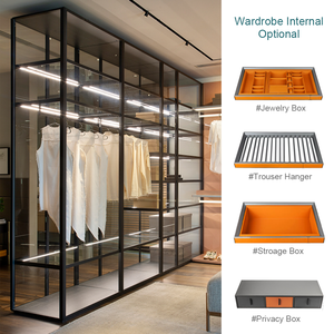 L Shaped 8 Foot <strong>Thin</strong> Slim Frame 4 Aluminum Panel White Smoked Clear Glass Shelves Sliding Cabinet Doors Walk in Closet <strong>Wardrobe</strong> - Product Image 4