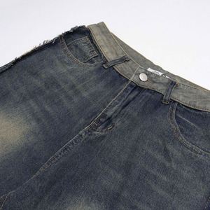 Shorts en jean décontractés à la mode, fabriqués sur mesure, effet délavé, couleur contrastée, ourlet retroussé, respirant, coupe ample, jean droit, été - Product Image 3