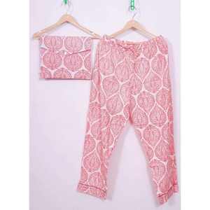 Ensemble pyjama 2 pièces en satin pour femme, motif ethnique imprimé à la main, taille élastique, col montant, manches longues, respirant, design simple, collection automne - Product Image 2