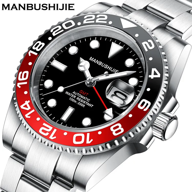 MANBUSHIJIE Luxury Men Mechanical Watch Genius Sapphire Stainless Steel Strap GMT Waterproof 10ATM Automatic Custom Watch