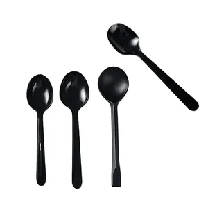 Wholesale disposable plastic tableware set individually wrapped black tableware portable soup spoon ice cream dessert spoon