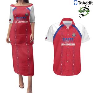 Bestseller Polynesisches Haiti 2026 Fußball Maßgeschneidertes Design Damen Übergrößen-Kleid Passend zu Herren Hawaii-Hemden 2-teiliges Paar-Set - Product Image 1
