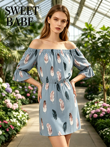 Feather Print Blue Dress - Off-Shoulder Elastic Waist Dress with Puff Sleeves Summer Dress - Product Image 1