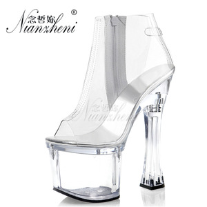 New Transparent Solid 17cm Stripper Toe 7 Inch Model Stiletto Thin Lace-up ABS Summer Autumn Nightclub Pole Dancing Ankle <b>Boots</b> - Product Image 5