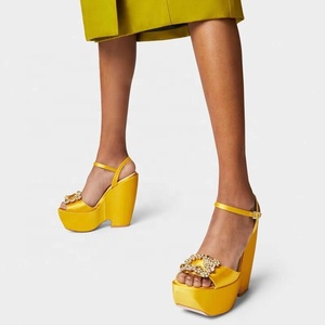 Bright Satin Square Pearls Ornament Thick Platform Shoes Women's Outdoor High Wedge Heels Modern Open Toe Denim <b>Sandals</b> - Product Image 1