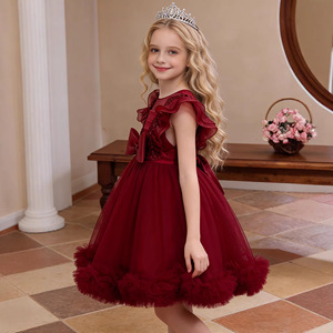 Vestido de tul color borgoña para niñas Baihui, cuello redondo, corte en A, vestido de niña de las flores para fotografía - Product Image 2