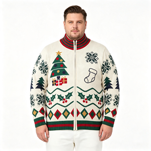 Cardigan da <span class=keywords><strong>Uomo</strong></span> Bianco con Motivi Natalizi, Bottoni e Cerniera, Lavorato a <span class=keywords><strong>Maglia</strong></span> Jacquard, ODM OEM - Product Image 1