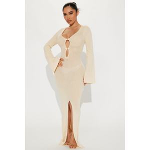 Vestido de Verano Casual para Mujer, Estilo Personalizado de Fábrica OEM, Maxi, Manga Larga, Cuello en V, Abertura Lateral Media - Product Image 2