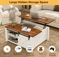 Mesa de Centro Moderna Estilo Fazenda com Tampo Elevável, Armazenamento Oculto, Gaveta Ranhurada, Prateleira Aberta, Superfície de Madeira, Puxador Dourado e Base de 5 Pernas para Sala de Estar