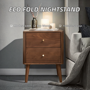 Mid-Century Modern Walnut Wood Nightstand 2-Drawer Bedside <b>Table</b> Solid Wood <b>Legs</b> Bedroom Furniture - Product Image 2