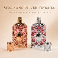 Flacon de parfum décoratif orné avec finition en treillis doré et argenté, accents de bijoux colorés et capuchon assorti