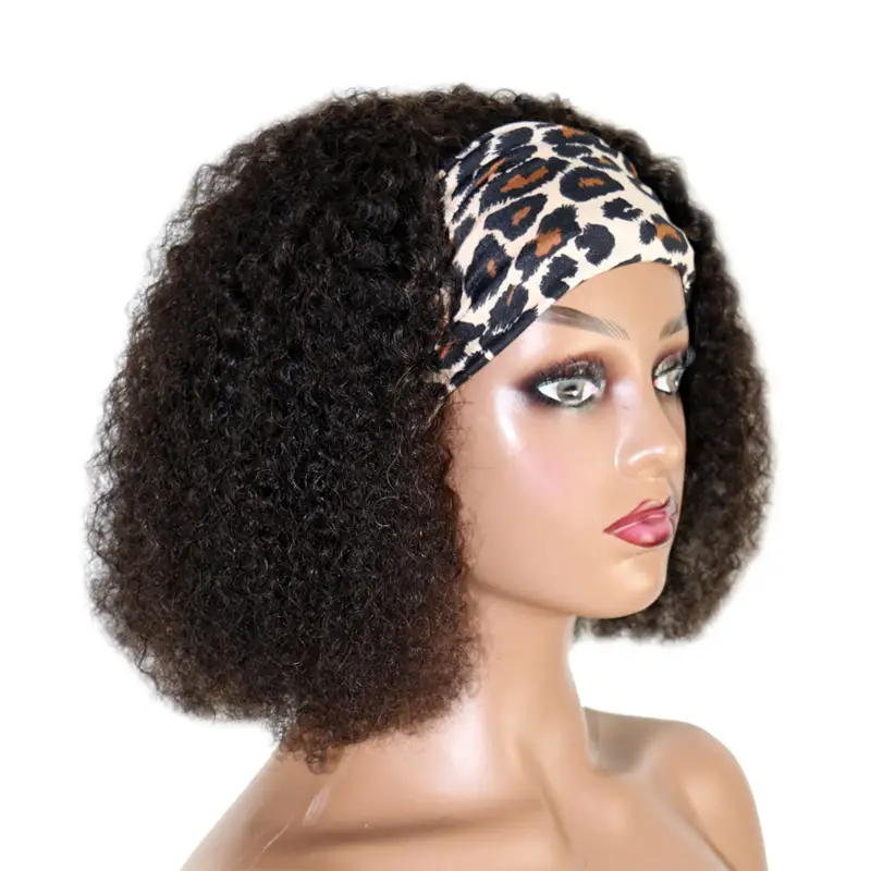 100% Real Human Hair Girls Short Hairstyle Afro Women Headband Wigs Afro Kinky Curly Half Wig With Headband