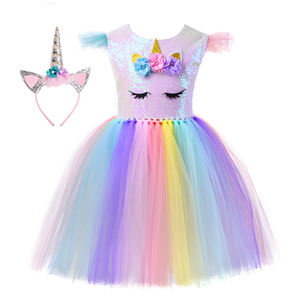 Robe d'été pour enfants Robe d'anniversaire rose Offre Spéciale Dentelle Tulle Licorne Costume <span class=keywords><strong>de</strong></span> fête arc-en-ciel avec <span class=keywords><strong>bandeau</strong></span> - Product Image 1