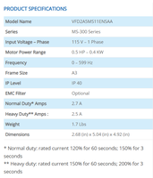 MS300 VFD2A5MS11ENSAA 100-120V 1PH 0.4kW 0.5HP VFD