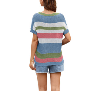 Tops de Punto <span class=keywords><strong>Sunner</strong></span> de Talla Grande para Mujer, Camisetas de Punto Holgadas de Manga Corta con Rayas de Arcoíris - Product Image 4