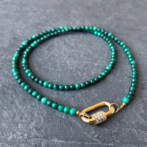 Dainty Malachite Stone Beaded Necklace Gold Charm Carabiner Choker Necklace Women <strong>Jewelry</strong> - Product Image 3