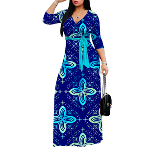 Robes décontractées à col en V de style tropical hawaïen vêtements grande taille à manches longues pour femmes robe longue au sol de l'île Samoan - Product Image 3