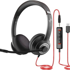 Casque filaire JIAMQISHI avec microphone EH01, double prise USB et 3,5 mm, casque supra-auriculaire pour ordinateur, idéal pour les centres d'appels - Product Image 1