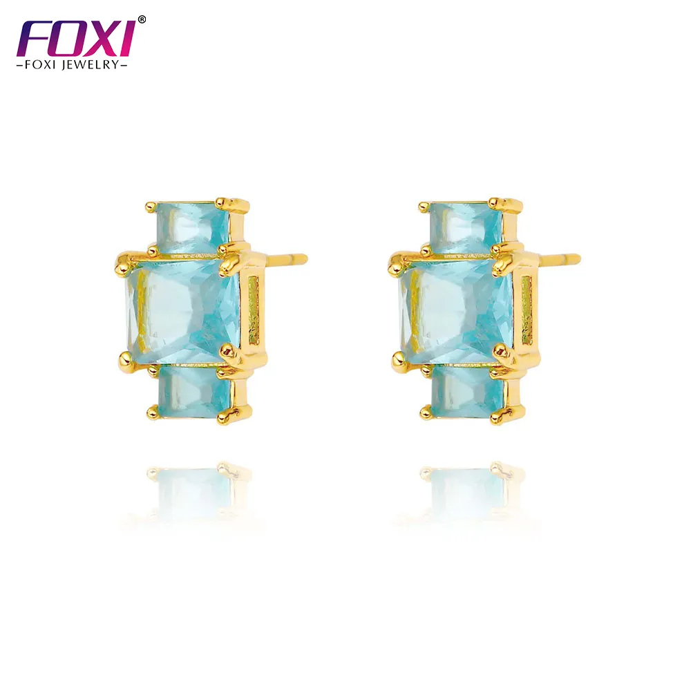 FOXI jewelry New 18K Gold Rectangle blue diamond Cubic Zirconia stud Earrings women"s jewelry