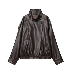 Veste en similicuir pour <span class=keywords><strong>femme</strong></span>, col montant, style motard, pour l'automne, noire, simple, élégante et polyvalente - Product Image 3