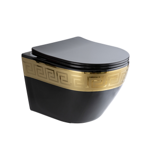 Inodoro Moderno de Cerámica Personalizado de Una Pieza con Doble Descarga, de Lujo, Suspendido en la Pared, Acabado Negro y Dorado, con Tanque Oculto y Sifón en P para Baño - Product Image 2