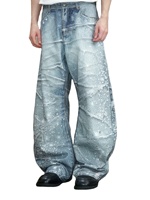 Jeans de mezclilla para hombre 2026 de 14 oz, azul claro degradado, con pedrería, brillo artesanal, de pierna completa, con cristales en forma de gota de agua en la parte trasera de la cintura, personalizados