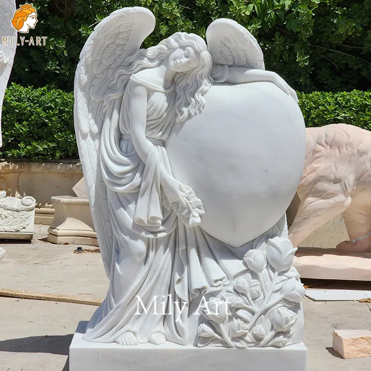 White Marble Angel Sculpture Memorial Statue Hugging Heart Design Headstone Tombstone Trade