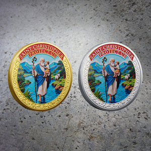Pièce commémorative souvenir Saint <span class=keywords><strong>Christophe</strong></span> en alliage de zinc plaqué or et argent, estampée et imprimée en UV, pièce métallique 3D - Product Image 1
