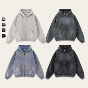 Popolare felpa Casual da uomo con cappuccio con cerniera e cappuccio con macchie verdi vecchie felpe antirughe primavera autunno con cappuccio lavato con acido - Product Image 1