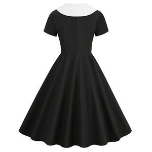 Abito Vintage in Cotone Stile Rockabilly, Vestito Corto Retrò a Maniche Corte con Contrasto di Colore, Mini Abito Nero da Donna con Colletto e Bottoni - Product Image 3