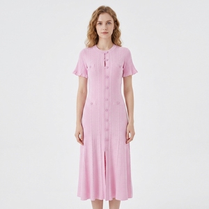 Abiti Estivi da Donna all'Ingrosso di Alta Qualità, Eleganti Vestiti in Maglia con Bottoni, Maniche in Pizzo Traforato e Spacco, Modello a Linea A - Product Image 1