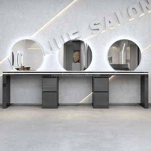 Golden Barber Shop Double Salon Beauty Furniture Standard Size Black <b>Makeup</b> Styling Mirror Station With Multiple Cabinets - Product Image 5