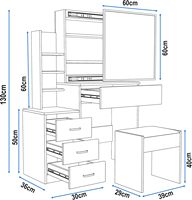 Table de maquillage moderne bureau 4 tiroirs 3 ouverts 3 étagères cachées gris foncé blanc coiffeuse miroir tabouret pour chambre salon