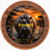 Médaille en cuivre pur 999 de 1 once Troy, Hippopotame en relief, colorée, animal sauvage, objet de collection