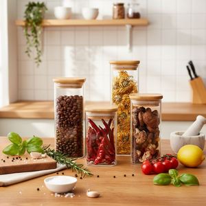 Bocaux hermétiques carrés en verre borosilicate de 500 ml pour cuisine, avec couvercle en bambou, empilables, pour stockage alimentaire, noix, bonbons, épices, haricots - Product Image 1