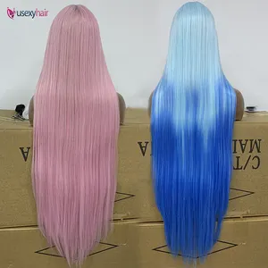 Ombre Blue Lace Wig Long Straight Hair Blue Hd Lace Front Pre Pulcked Glueless Wig Highlight Synthetic Lace Wigs For Women