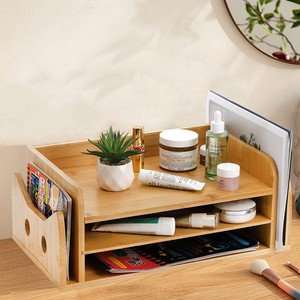 Bamboo <b>Desktop</b> File Organizer 2 Tier Natural Wood Color Multipurpose Office Desk Sorting Tray <b>Shelf</b> Rectangle Standing Type - Product Image 3