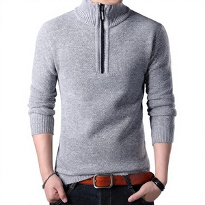 เสื้อสเวตเตอร์ไหมพรมอะคริลิกสำหรับผู้ชาย สีพื้น แขนยาว ซิป ¼  แบบสวม  หนา ใส่ได้ในฤดูใบไม้ร่วง ป้องกันขนร่วง - Product Image 3