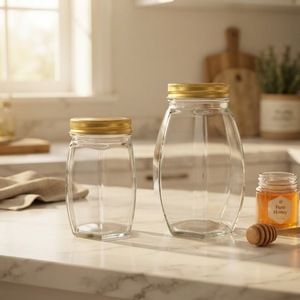 Customized 380ml 730ml Large Belly Hexagonal sealed Transparent Glass Jar with Metal Lid for Honey Jam Storage - Product Image 1