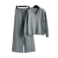 Femmes européennes américaines automne hiver nouvel ensemble tricoté élégant Angora deux pièces pull à col polo ample jambe large décontracté solide