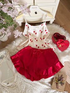 Ensemble pyjama 2 pièces pour femme, imprimé cœurs, haut à fines bretelles et <span class=keywords><strong>short</strong></span> à volants, style Saint-Valentin, vêtements de détente et de nuit - Product Image 1