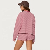 Vente en gros Nouveau design personnalisé couleur logo surdimensionné à manches longues t-shirt short 2 pièces ensemble survêtement femmes à rayures shorts survêtements