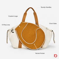 Sac de tennis avec poche, rayures crème-moutarde, en toile, cordon de serrage latéral, poignées robustes, pour pickleball, logo personnalisé, OEM, ODM