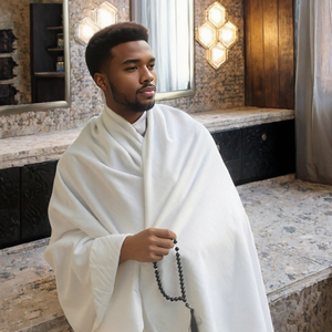 White Polyester <b>Ihram</b> Robe Hajj <b>Clothing</b> Loose Fit Long Sleeve Prayer Wear - Product Image 3