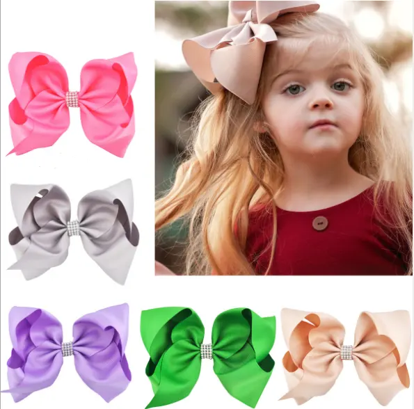 6 Inch Solid Color Grosgrain Ribbon Handmade Hair Bows With Bling For Girls