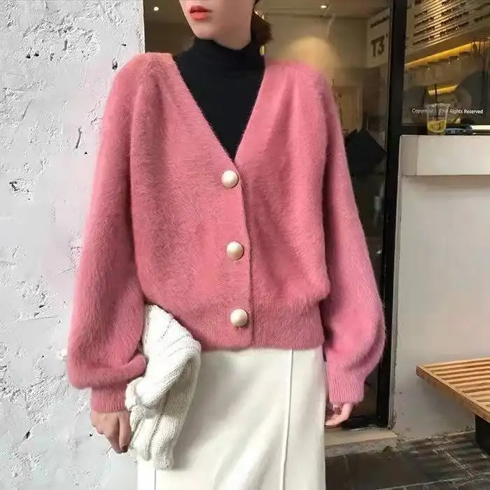 Knitted Solid Cardigan Women Vintage Korean Autumn Winter Clothes Long Sleeve V Neck Loose Coat Black Sweaters for Women